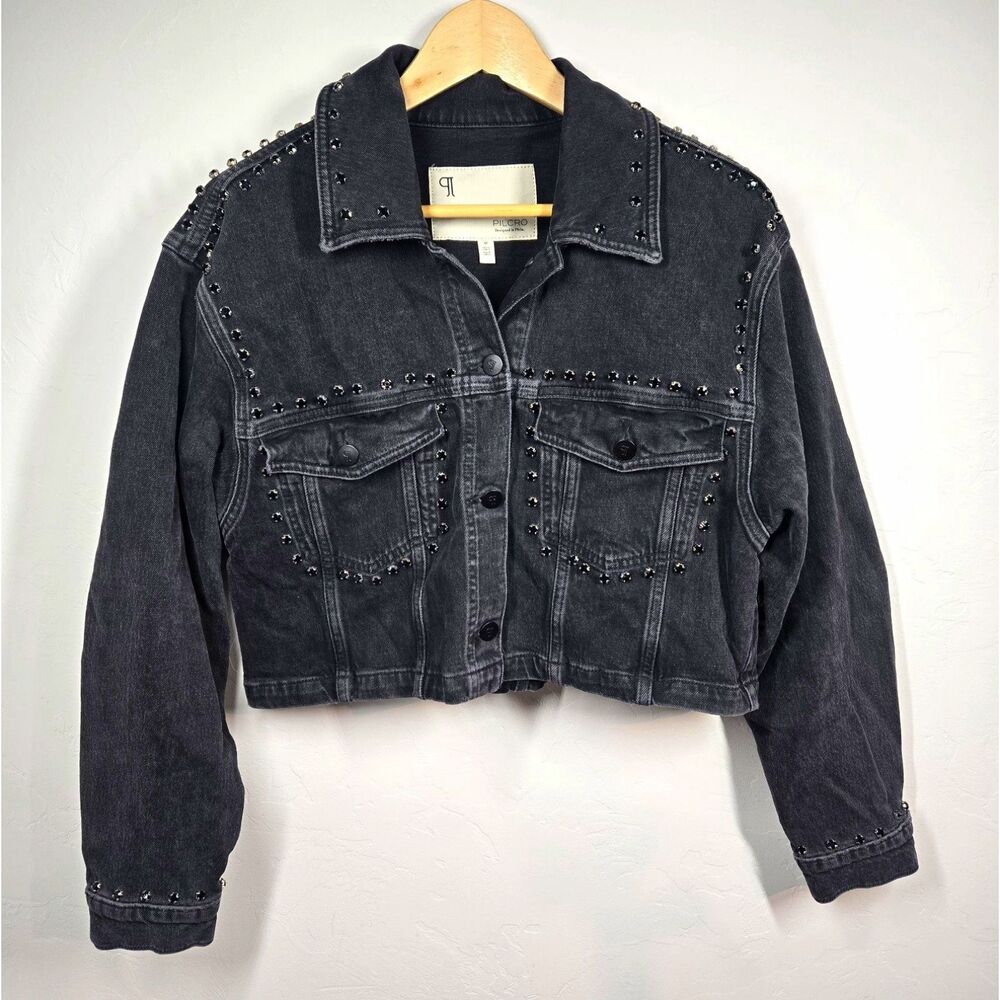 Pilcro Women's Black Studded Button Front Jean Jacket, Boxy, Relaxed Fit Size M